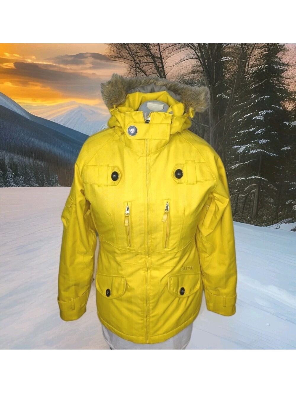 Burton Tango Snowboard Ski Jacket Winter Yellow Women Small Hood Fur Dryride